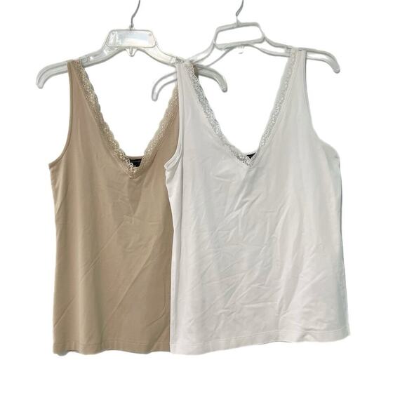 BANANA REPUBLIC Lace Trim Cami Tank Lot Of 2 Adjustable L Y2K 90’s White Beige - Picture 1 of 10